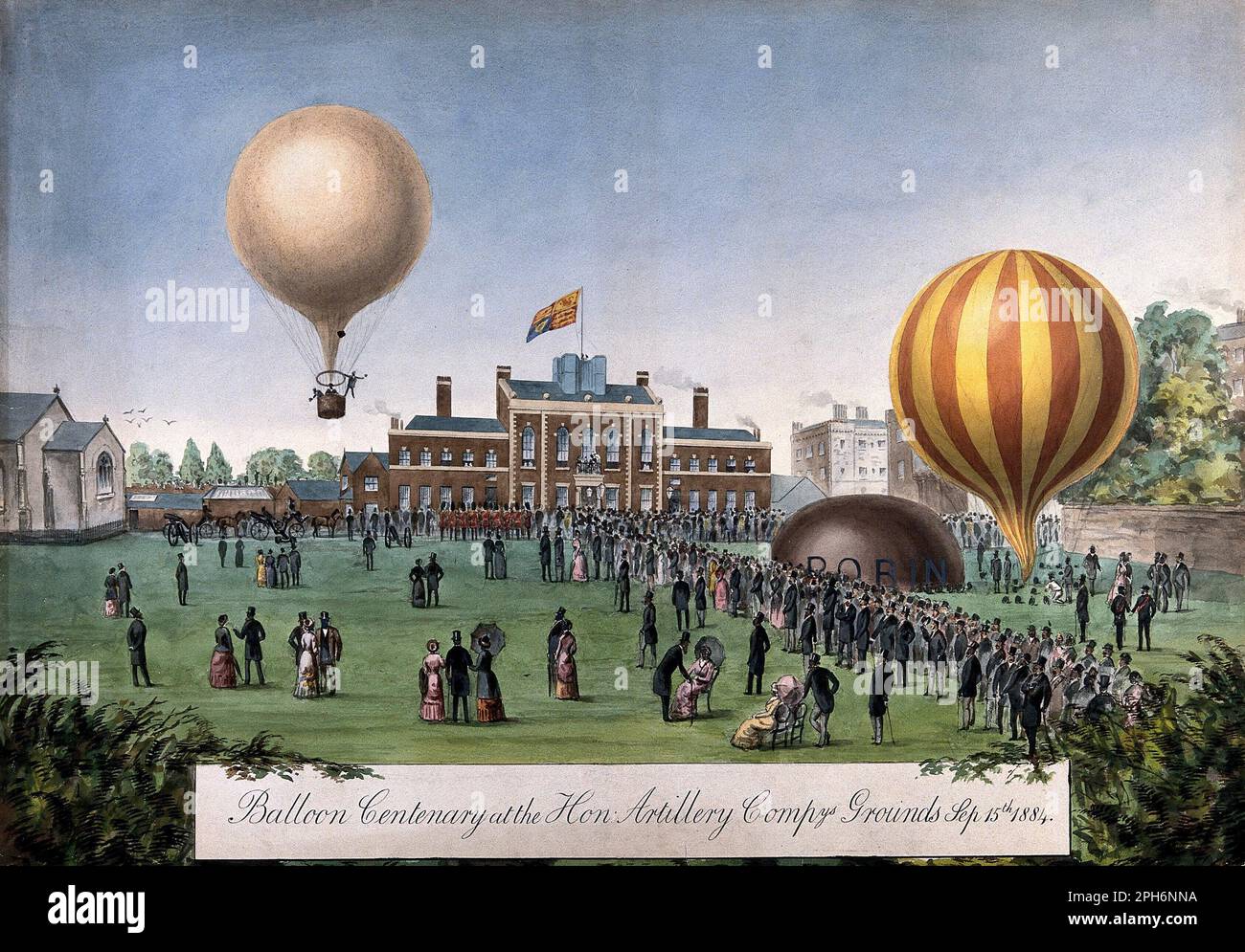 Ballonzentur auf dem Gelände der Honourable Artillery Company in London, alte Farbdarstellung aus dem Jahr 1884 Stockfoto