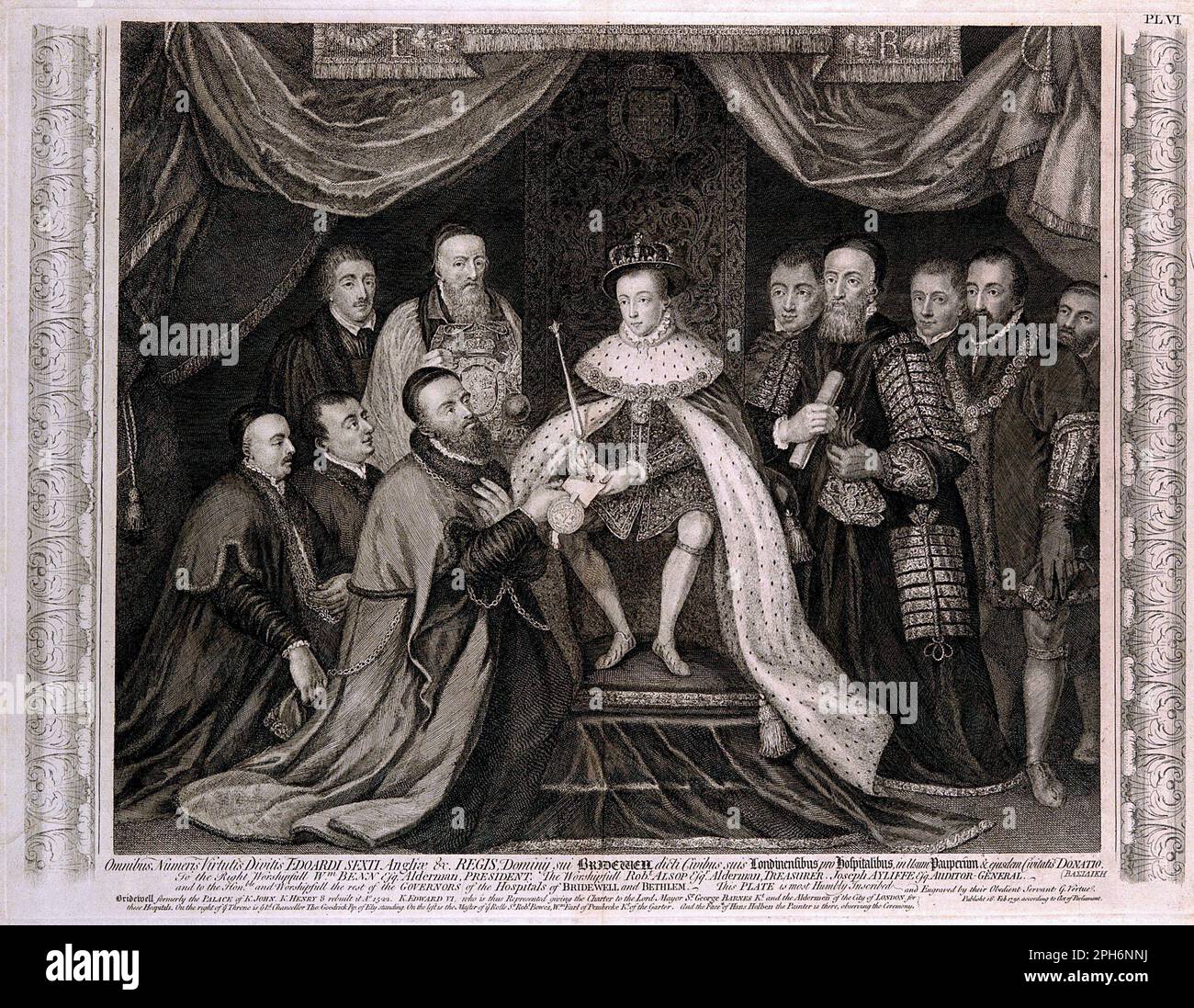 König Edward VI. Verleiht königliche Charta an Bridewell Hospital, alte Gravur aus dem Jahr 1750 Stockfoto