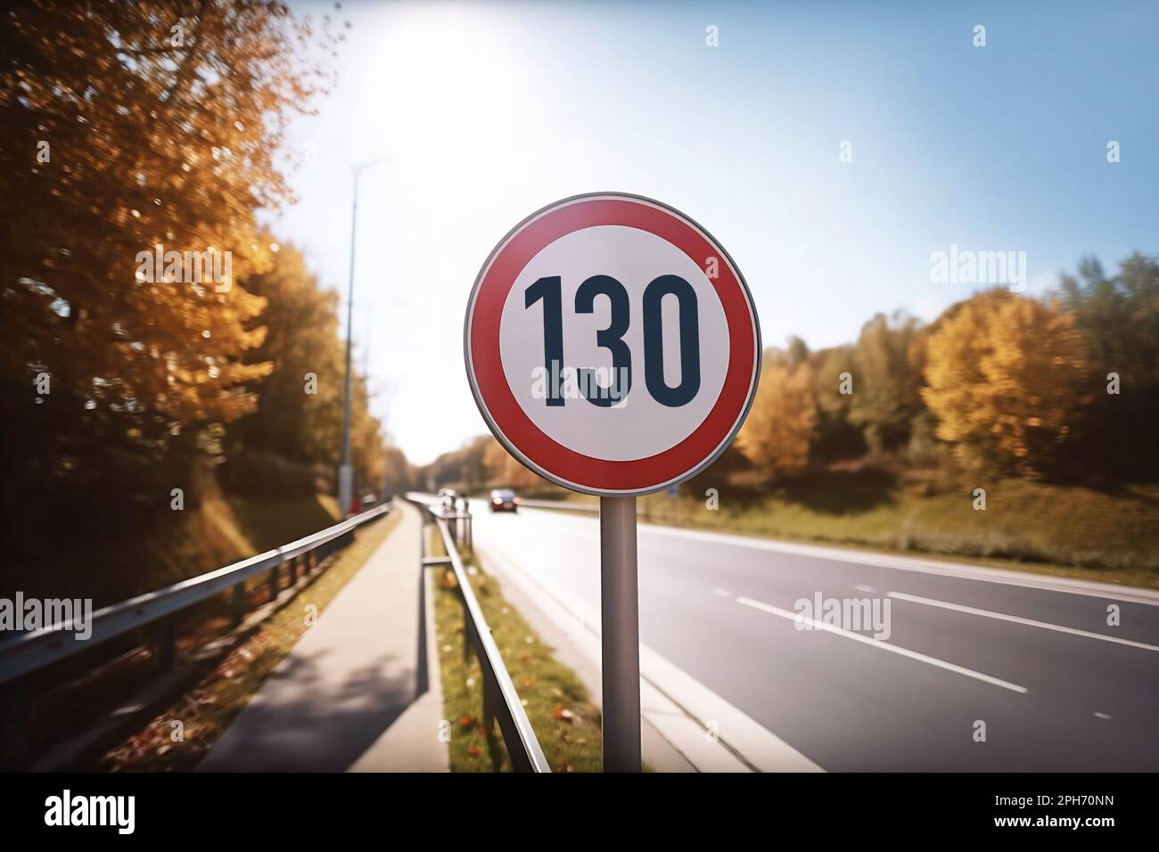 Straßenschild mit Geschwindigkeitsbegrenzung von 130 khm auf deutscher Autobahn. Stockfoto