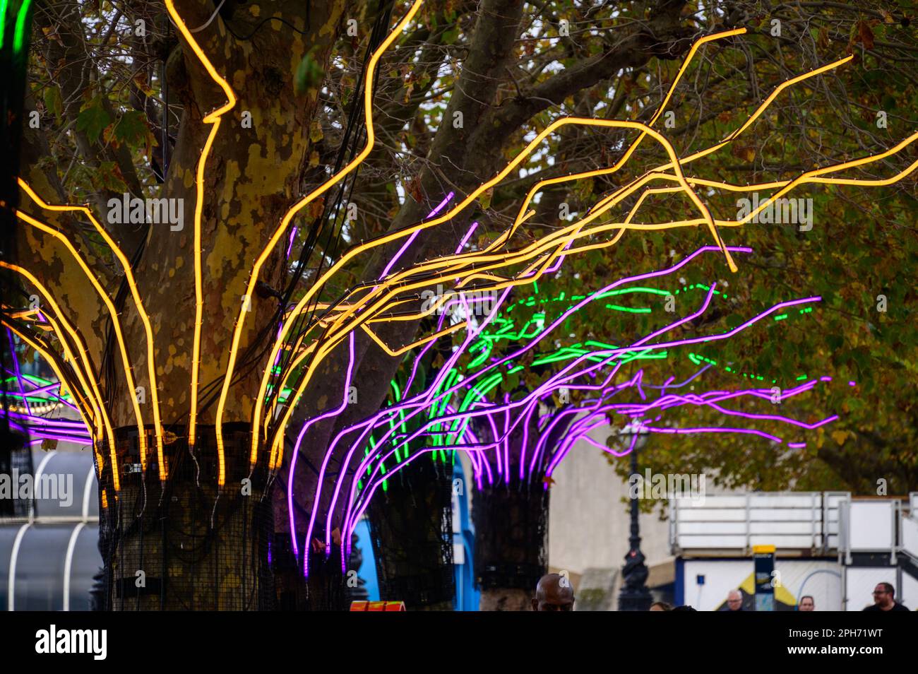 LONDON - 13. November 2022: Tauchen Sie ein in die festliche Stimmung bei einem Spaziergang entlang der Londoner Southbank, wo die Bäume mit Weihnachtslichtern geschmückt sind. A p Stockfoto
