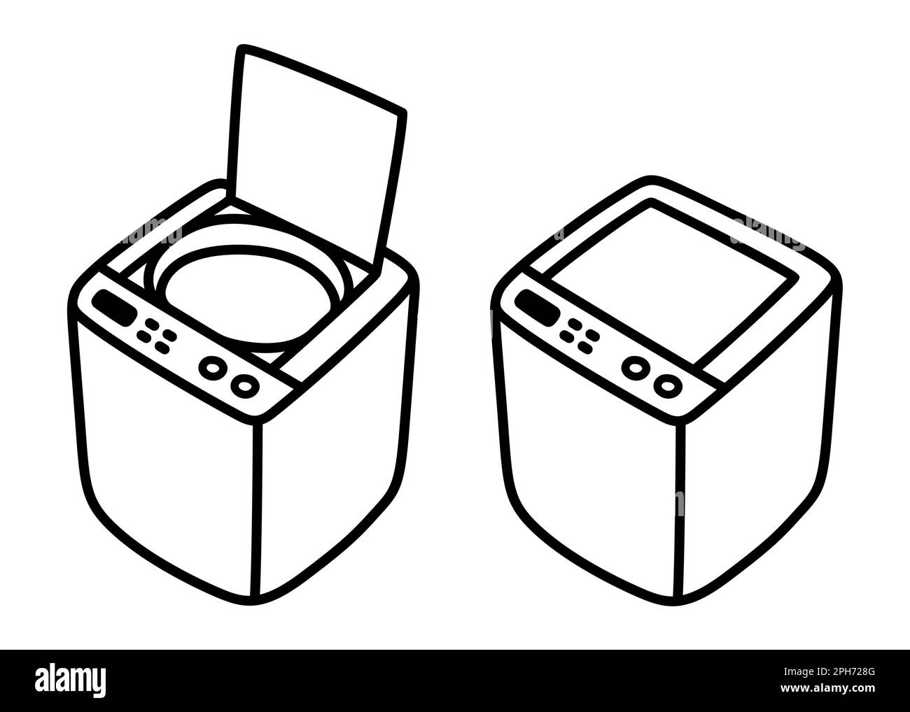 Waschmaschine mit Befüllung von oben mit offenem und geschlossenem Deckel, isometrische Zeichnung. Handgezeichnete Zeichentrickfilme. Einfaches Vektorsymbol. Stock Vektor