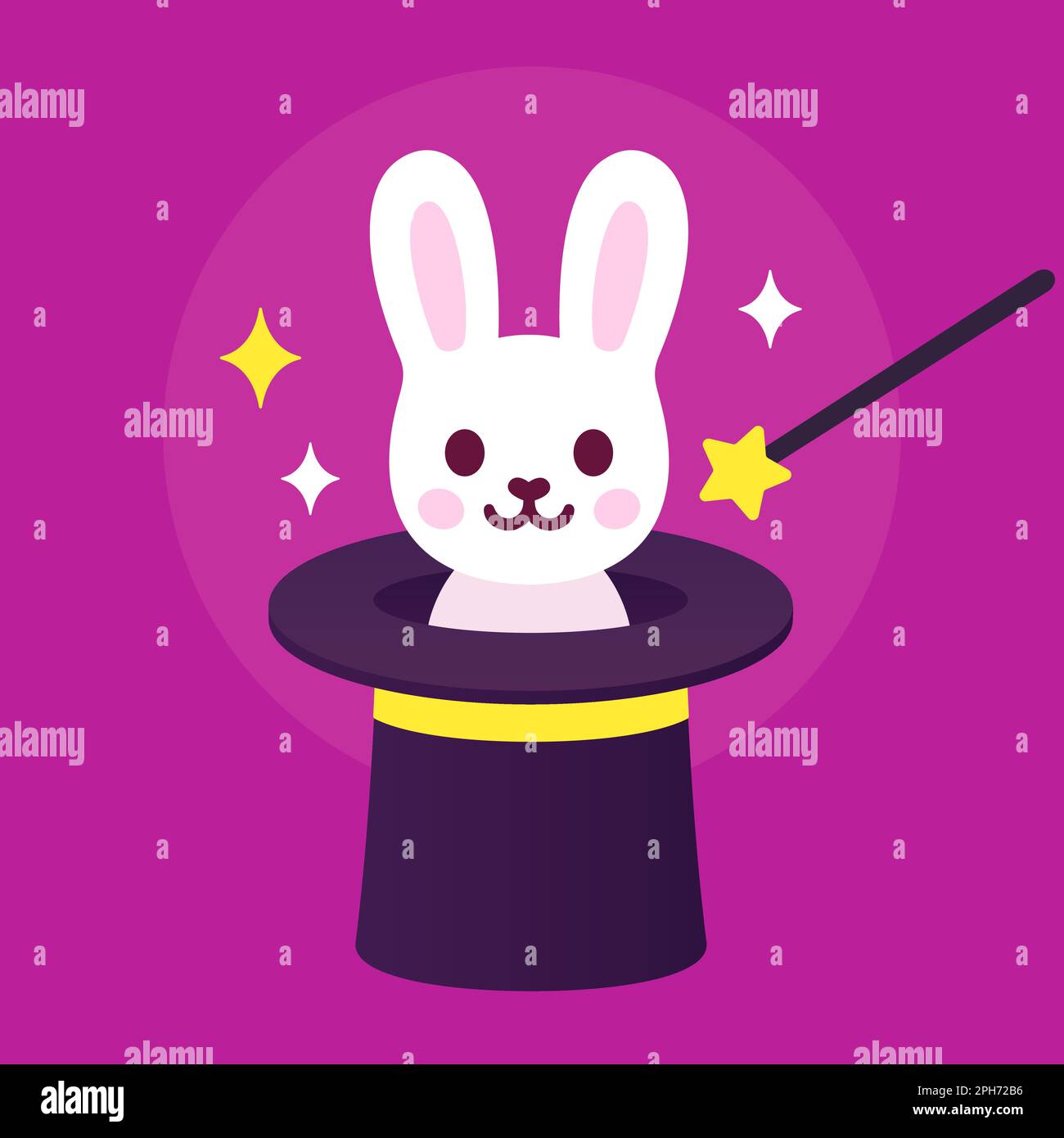 Kaninchen mit Zauberhut, Illustration eines Zaubertricks. Süße Cartoon-Vektorzeichnung mit weißem Häschen auf der Innenseite des Huts. Stock Vektor