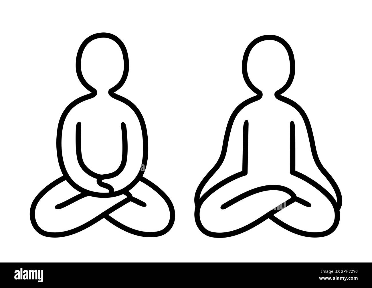 Symbol für Meditationsspielchen. Einfache handgezeichnete Figur, die mit gekreuzten Beinen sitzt, mit Händen auf Knien und im Schoß. Strichgrafiken-Vektordarstellung, minimaler Zen-drain Stock Vektor