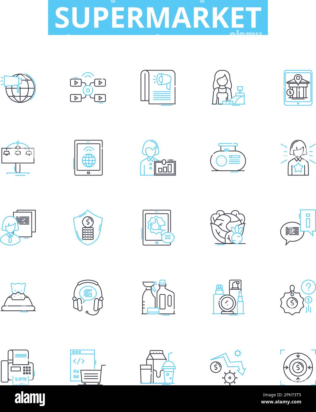 Symbolsatz für Vektorlinien für Supermärkte. Lebensmittel, Geschäft, Markt, Einkaufen, Outlet, Einzelhandel, Superstore Illustration umreißt Konzeptsymbole und -Schilder Stock Vektor