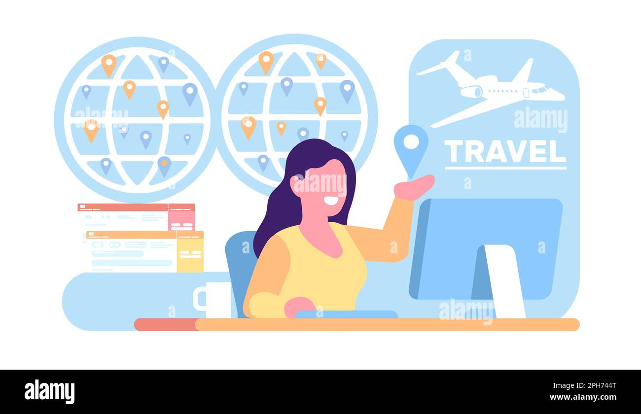 Der Reisebüro-Manager hilft Ihnen bei der Auswahl der Tour, um sich auszuruhen. Tourismusmanagement. Reisebüro verkauft und bucht Flugtickets. Positionierstifte auf dem Globus Stock Vektor