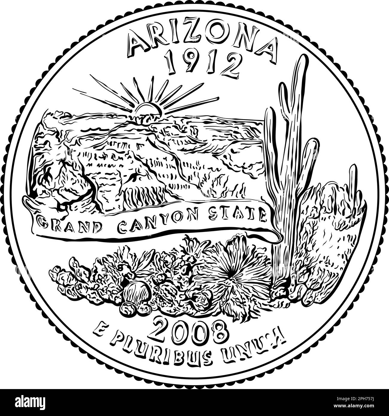Amerikanisches Geld, USA Washington Viertel Dollar Arizona oder 25 Cent Silbermünze, Grand Canyon auf der Rückseite. Schwarzweißbild Stock Vektor