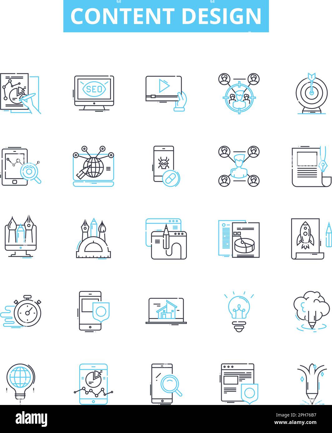 Vektorliniensymbole für Inhaltsdesign festgelegt. Inhalt, Design, Layout, Strukturierung, Schreiben, Formatierung, Anordnen von Symbolen für die Modellstruktur der Illustration und Stock Vektor