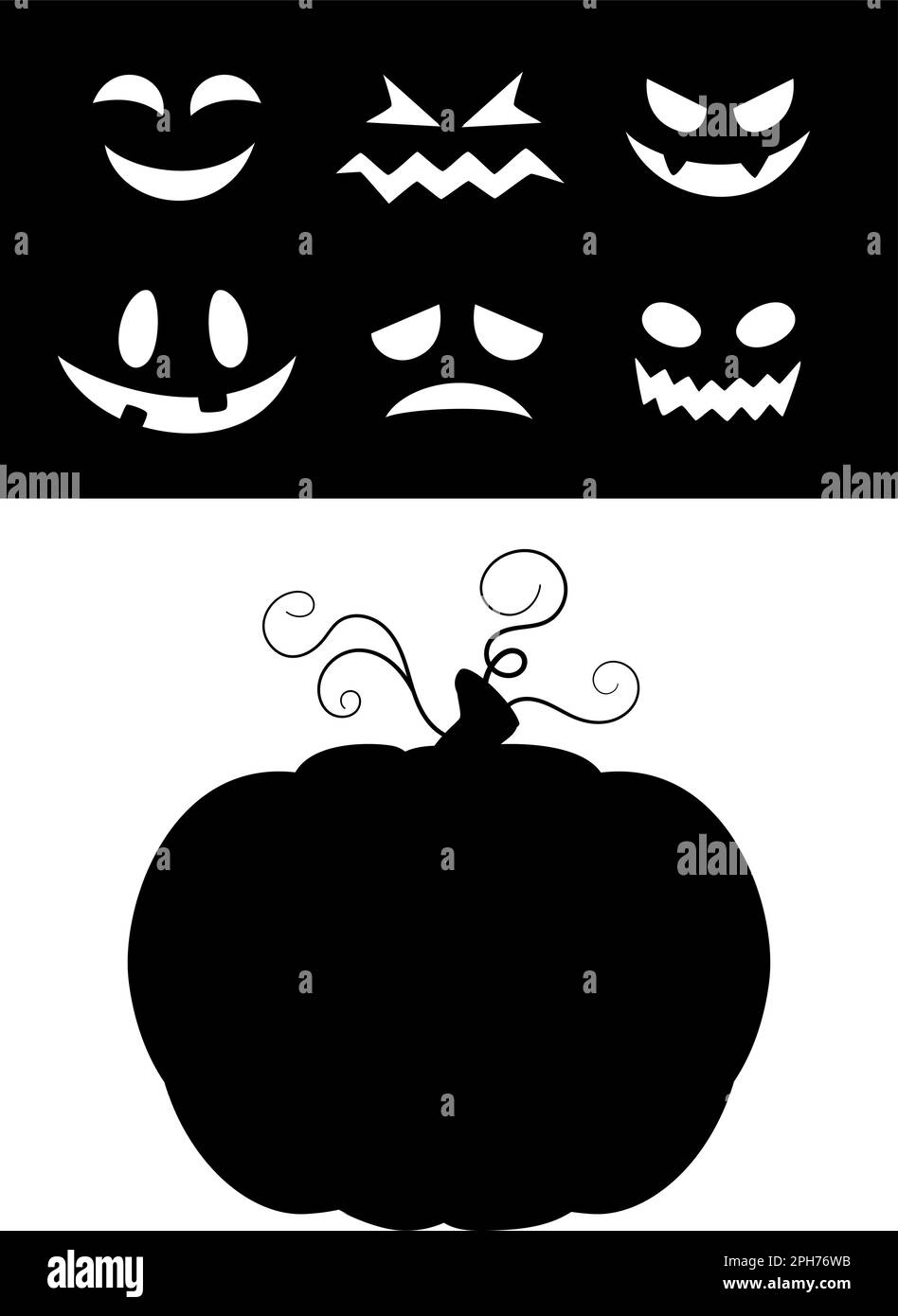 Halloween Kürbisgesichter. Oktober-Face-Generator für Figuren, Kürbisse mit ausgestanzten Emoji-Vorlagen, halloweens-Partygrafiken Stock Vektor