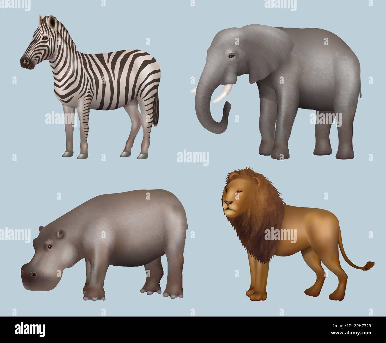 Afrikanische Tiere. Realistische wilde Tiere Elefanten Giraffen Löwe Rhinozeros anständige Vektorzoo-Bildersammlung Stock Vektor