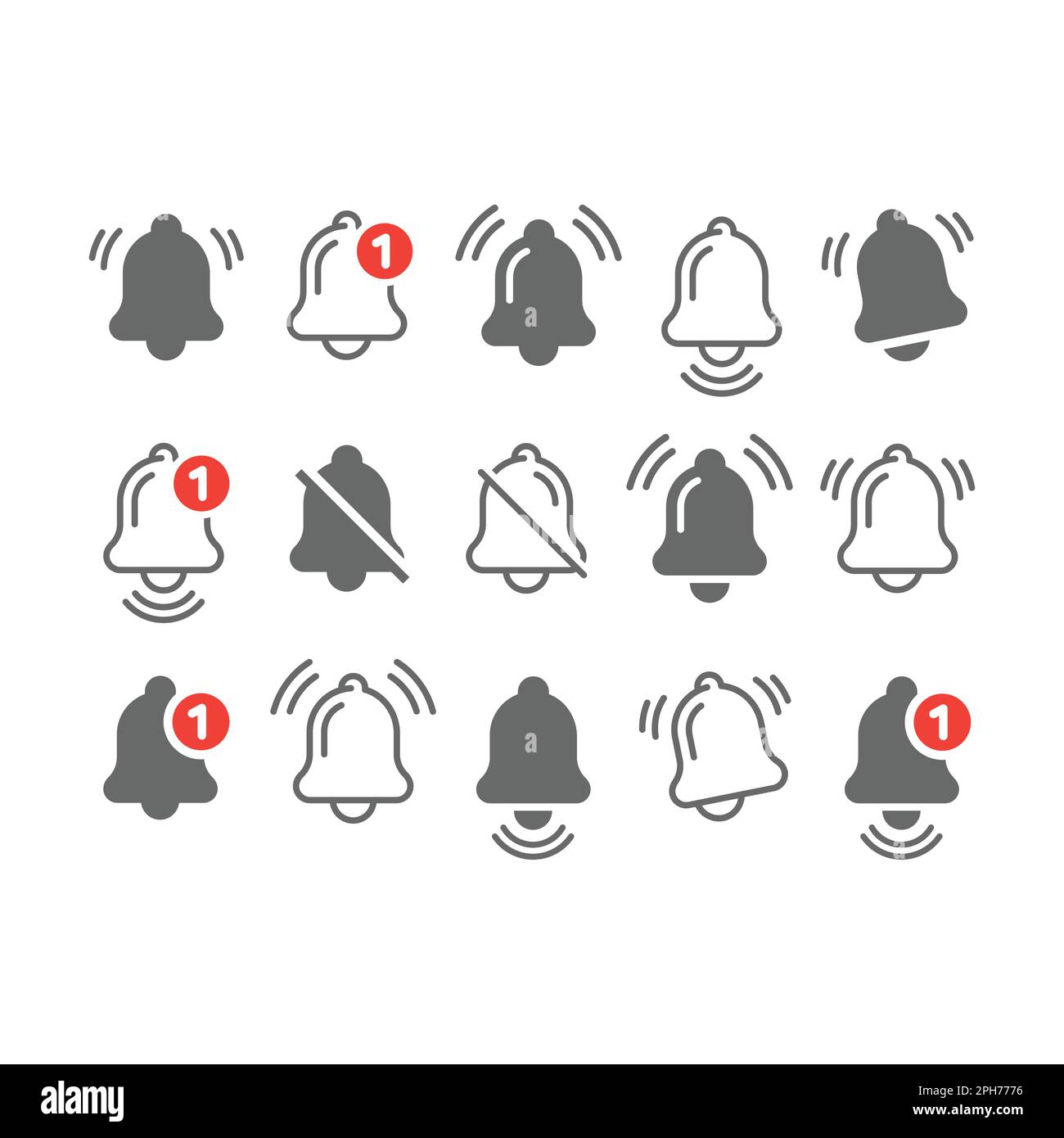 Klingelton, Benachrichtigungszeile und Symbolgruppe zum Ausfüllen. Symbole für Stummschaltung, Ton und Meldungssignal. Stock Vektor