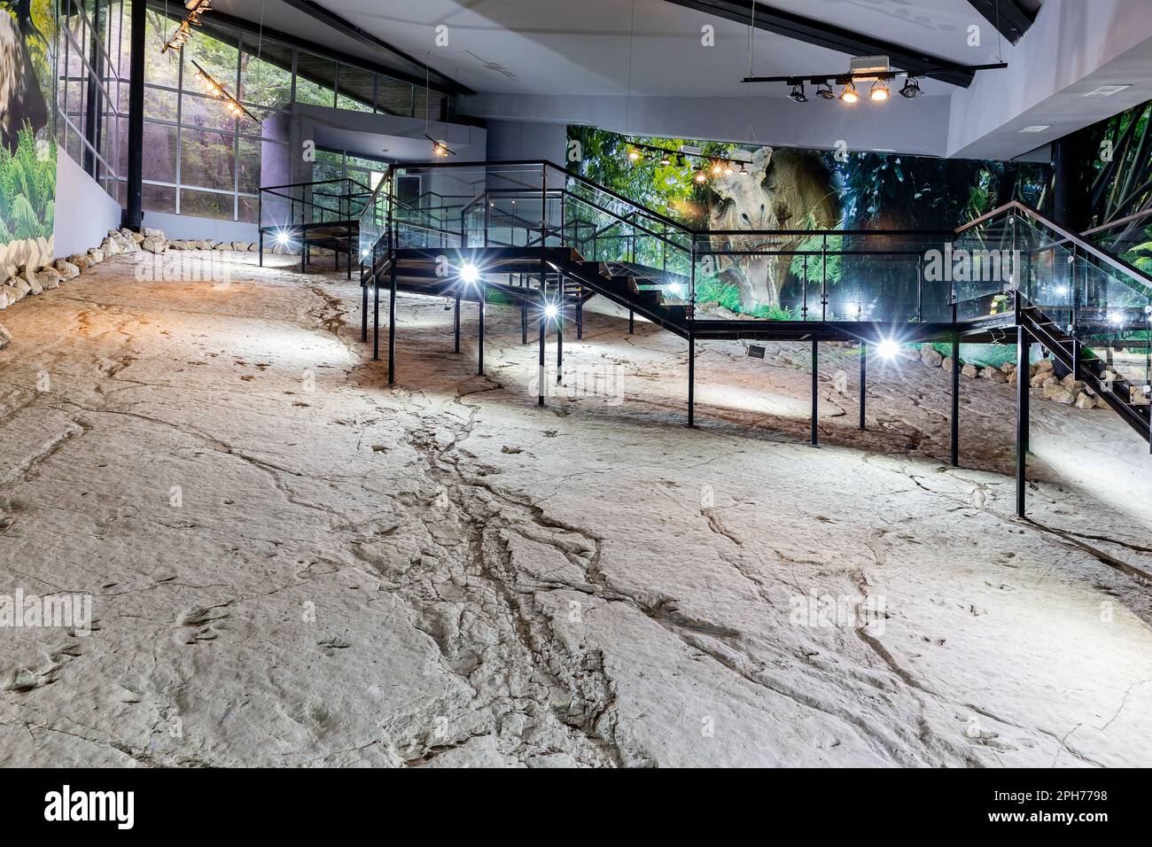 Sataplia, Georgien, 04.06.21. Sataplia Strict Nature Reserve, kleines Museum mit Metallplattform und fossilen Fußabdrücken von Dinosauriern. Stockfoto