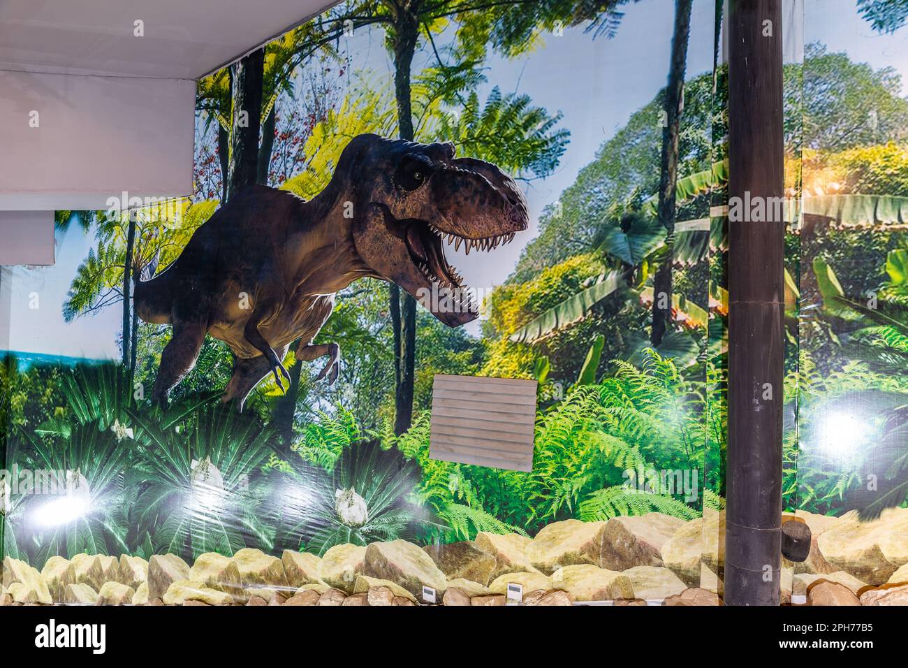 Sataplia, Georgien, 04.06.21. Sataplia Strict Nature Reserve, kleines Museum mit gut erhaltenen fossilen Fußabdrücken von Dinosauriern, Ausstellung mit Raptor Stockfoto