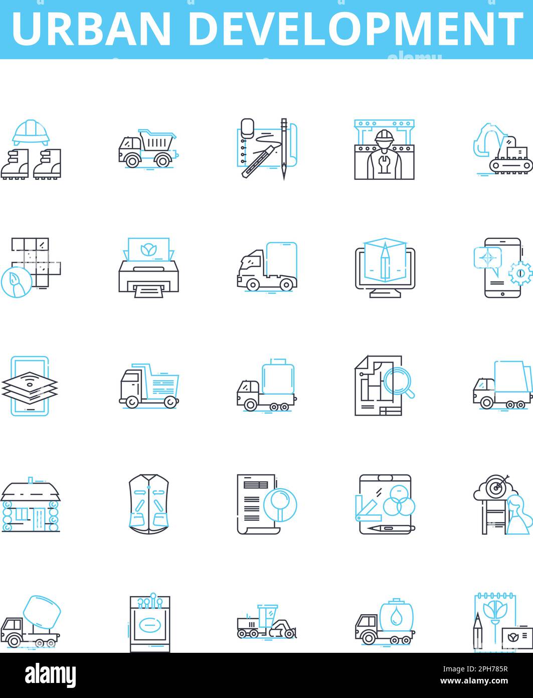 Symbole für städtische Entwicklungsvektorlinien gesetzt. Stadt, Entwicklung, Städte, Infrastruktur, Wohnraum, Nachhaltigkeit, Konzept der technischen Illustration Stock Vektor