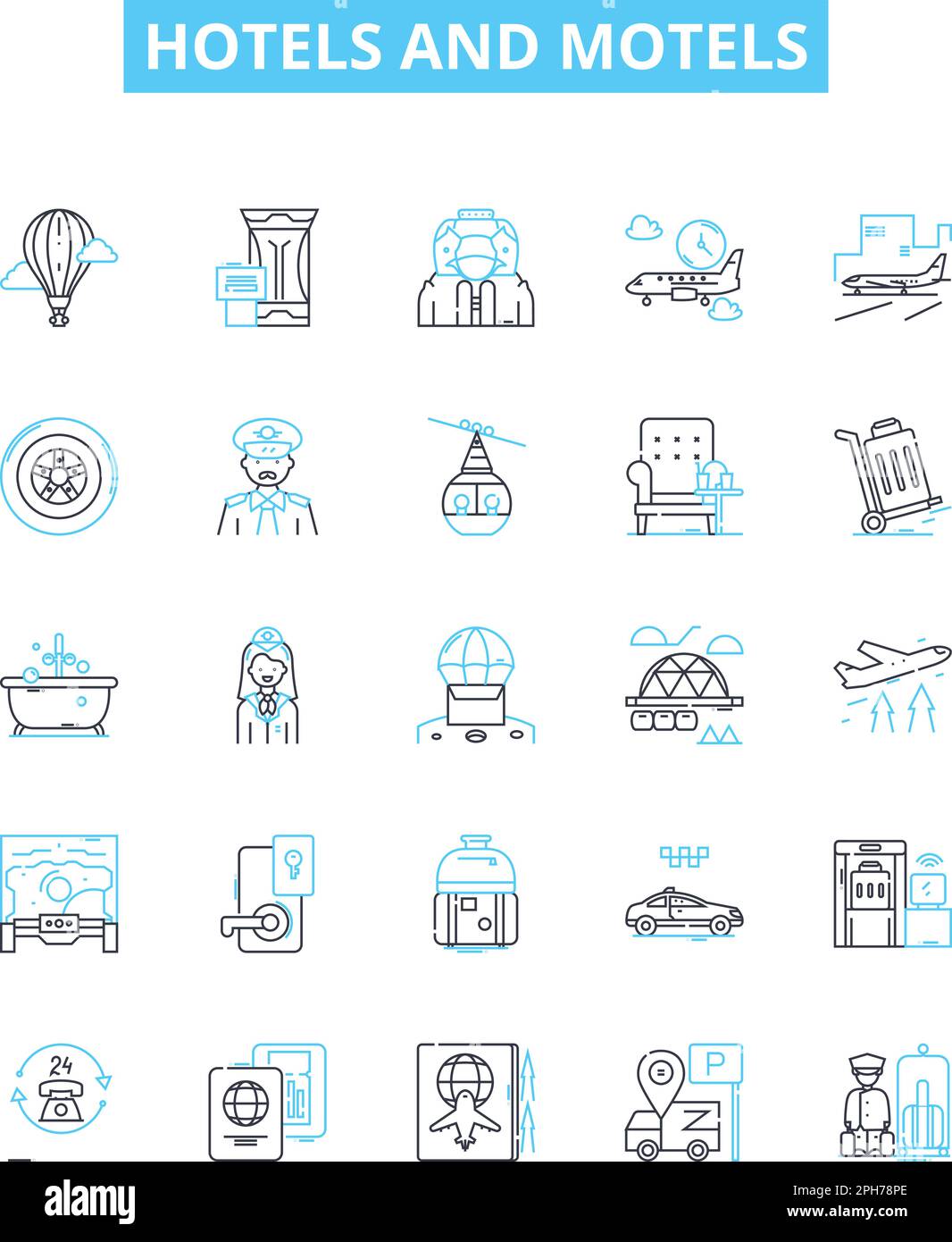 Hotels und Motels werden mit Vektorlinien-Symbolen versehen. Unterkünfte, Unterkünfte, Inns, Resorts, Suiten, Motels, Hostels Illustration umreißt Konzeptsymbole und Stock Vektor