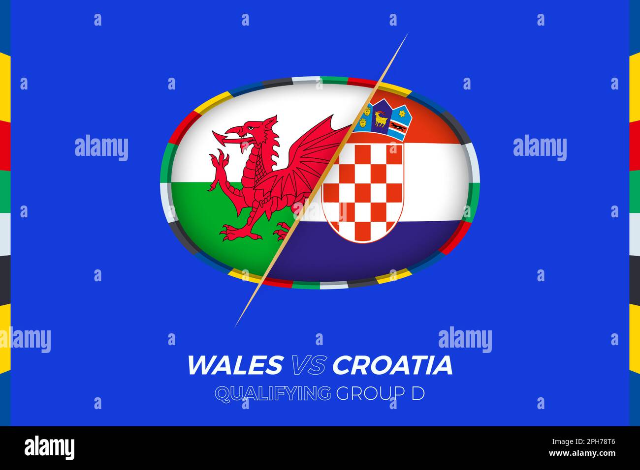 Wales gegen Kroatien: Symbol für Qualifikation zum europäischen Fußballturnier, Gruppe D. Wettbewerbssymbol im stilisierten Hintergrund. Stock Vektor