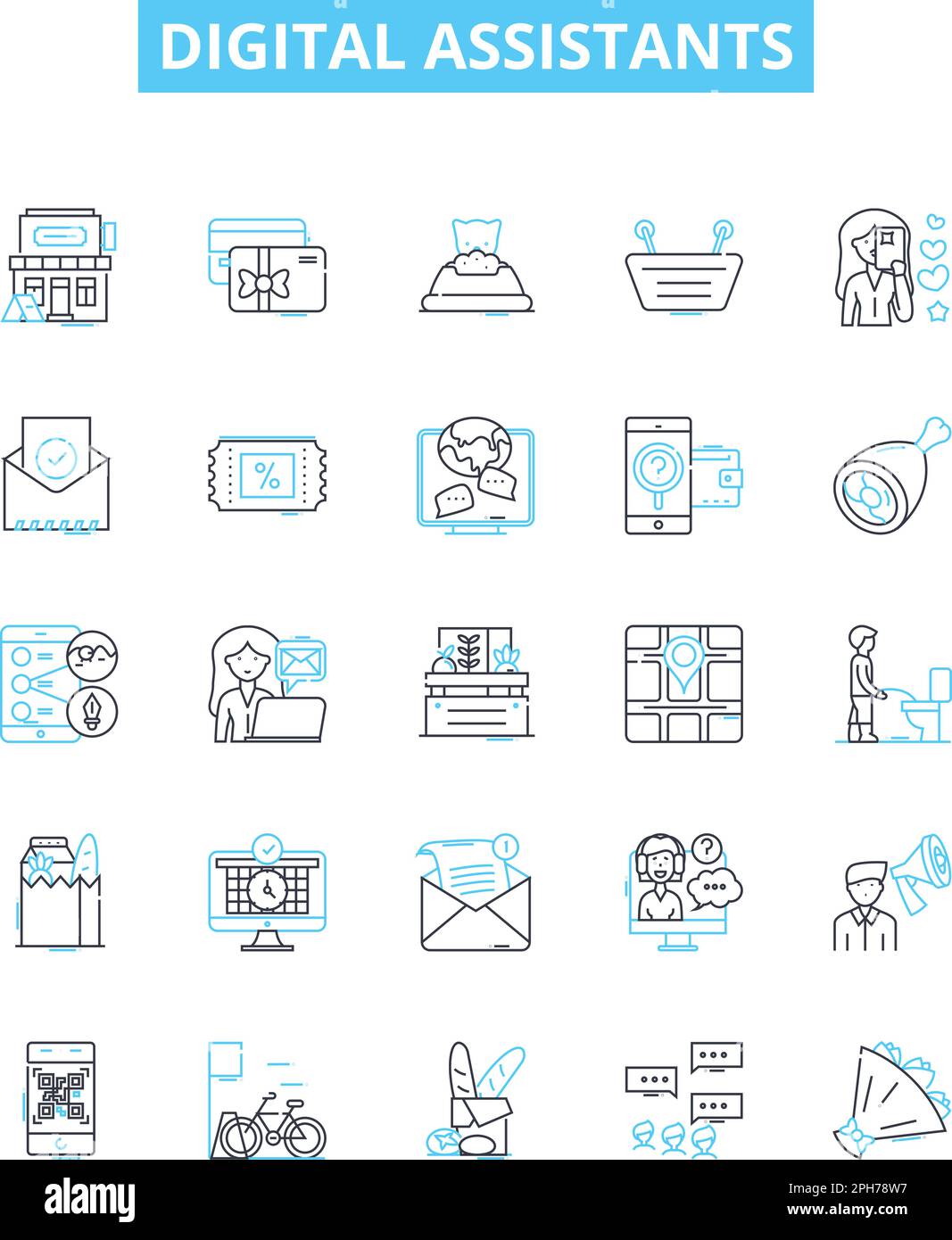 Vektorlinien-Symbole für digitale Assistenten wurden eingestellt. AI, Chatbot, Cortana, Alexa, Siri, Assistent, digitale Illustration umreißen Konzeptsymbole und -Zeichen Stock Vektor