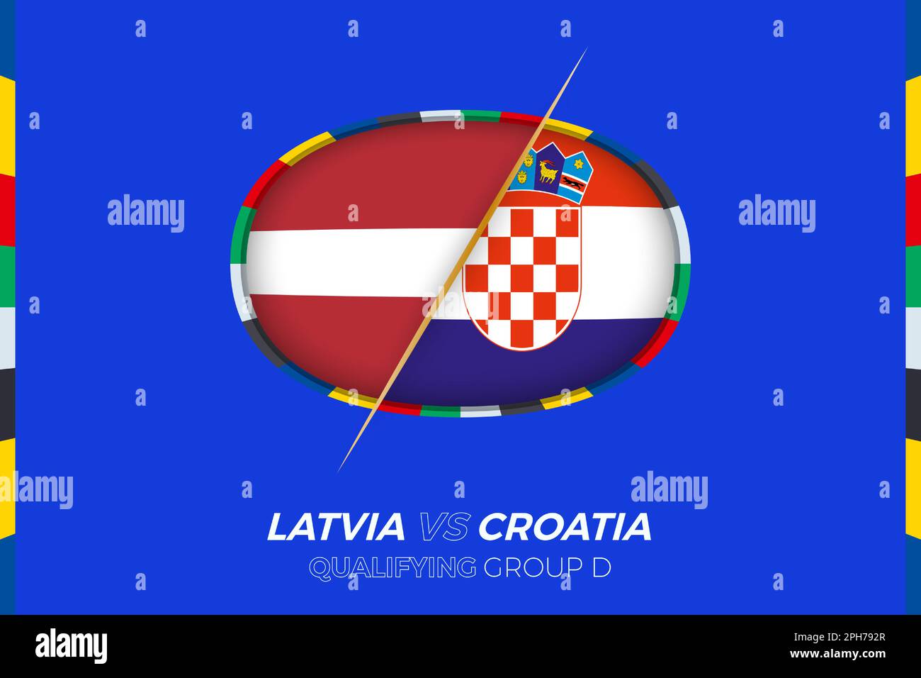 Ikone Lettland gegen Kroatien für die Qualifikation zum europäischen Fußballturnier, Gruppe D. Symbol für den Wettbewerb im stilisierten Hintergrund. Stock Vektor