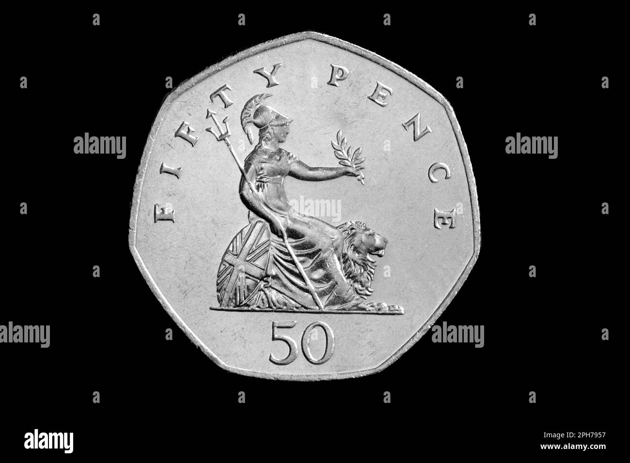 Britannia, die allgemeingültige weibliche Figur, die Großbritannien symbolisiert. Dieses Design ist auf einer 50p-Euro-Münze abgebildet, die 1982,1983 und 1985 ausgegeben wurde Stockfoto