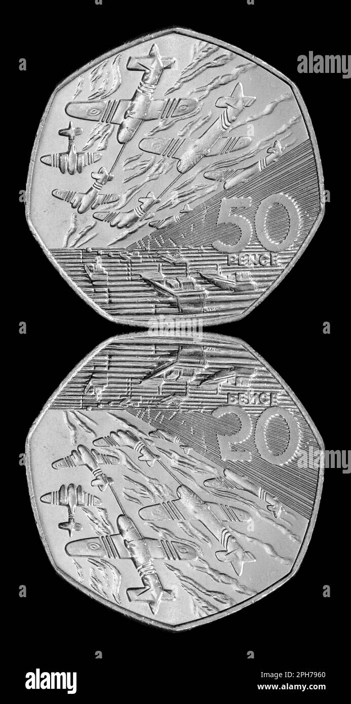 Rückseite einer 1994 50-Pence-Münze zum Gedenken an 50 Jahre D-Day-Landungen in der Normandie. Entworfen von der Skulptur John Mills Stockfoto
