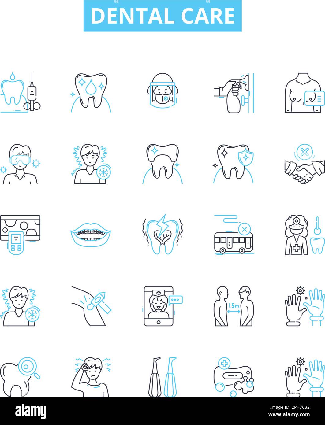 Zahnpflege-Vektorliniensatz. Zahnheilkunde, Mundheilkunde, Zähne, Hygiene, Putzen, Zahnseide, Füllungen Illustration umreißt Konzeptsymbole und -Zeichen Stock Vektor