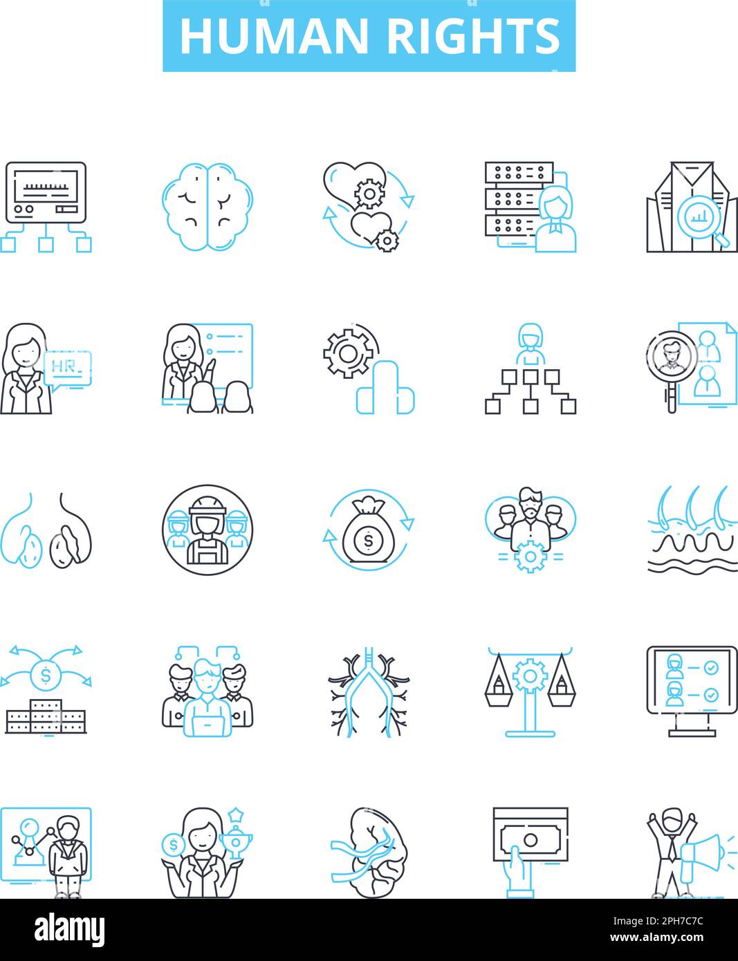 Symbole für Menschenrechtsvektorlinien gesetzt. Gleichheit, Würde, Respekt, Freiheit, Gerechtigkeit, Fairness, Equity Illustration umreißen Konzeptsymbole und -Zeichen Stock Vektor