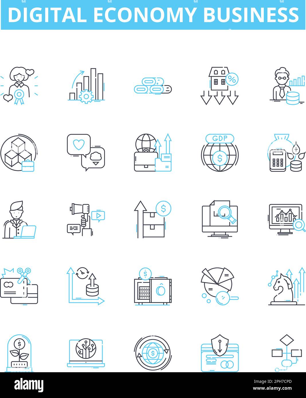 Symbole für Vektorlinien der digitalen Wirtschaft festgelegt. Digital, Wirtschaft, Unternehmen, eCommerce, Online, Abbildung Technologie, Services, Konzept Stock Vektor
