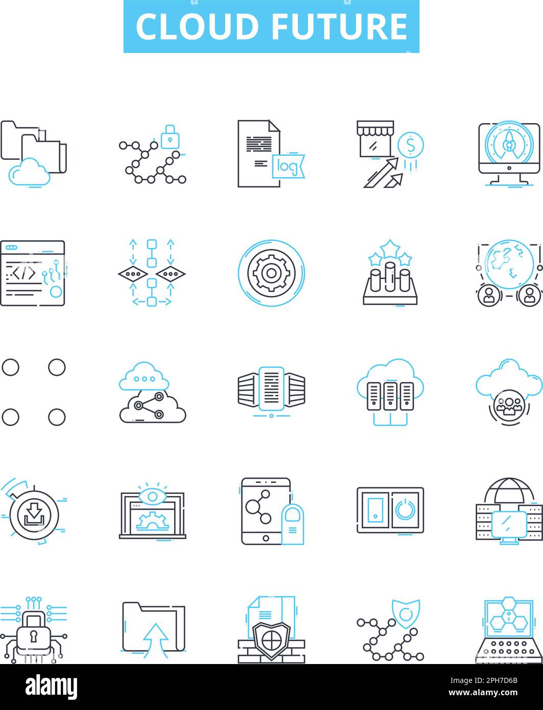 Symbole für zukünftige Vektorlinien in der Cloud festgelegt. Cloud, Zukunft, Computing, KI, IoT, Digital, Transformation Illustration umreißt Konzeptsymbole und -Zeichen Stock Vektor