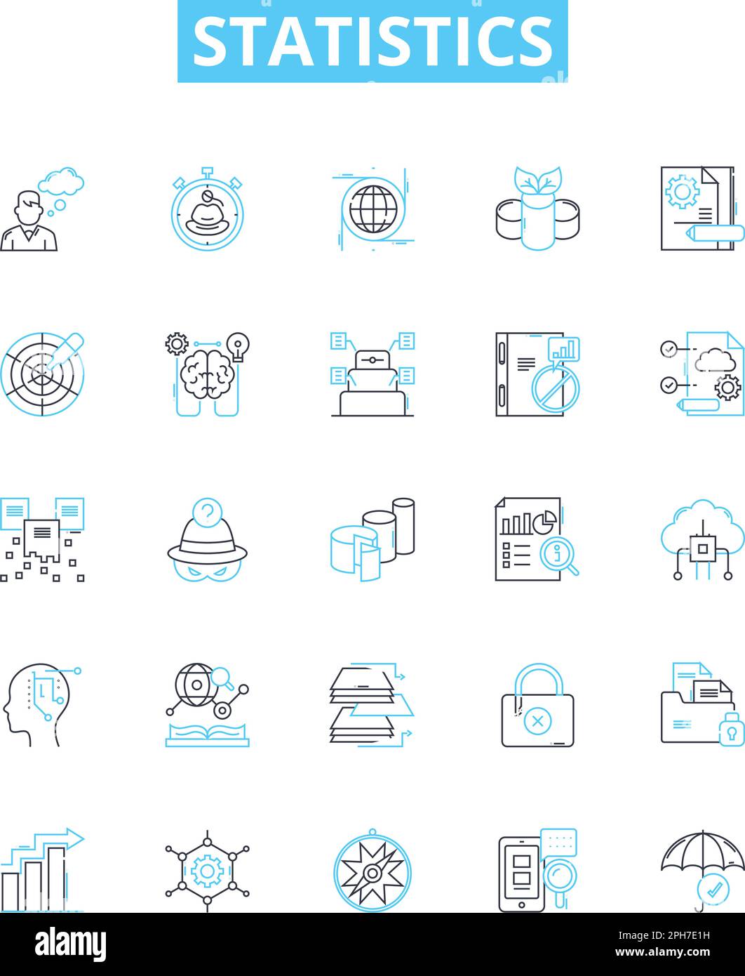 Symbole für Statistikvektorlinien festgelegt. Statistik, Analysen, Daten, Variablen, Wahrscheinlichkeit, Verteilung, Regressionsdarstellung umrissen Konzeptsymbole Stock Vektor