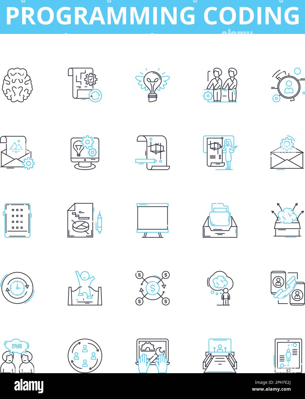 Programmieren der Codierung der Vektorliniensymbole eingestellt. Programmierung, Programmierung, Skripterstellung, Programmiersprache, Programmierkenntnisse, Codierungsalgorithmen, Codierungsstruktur Stock Vektor