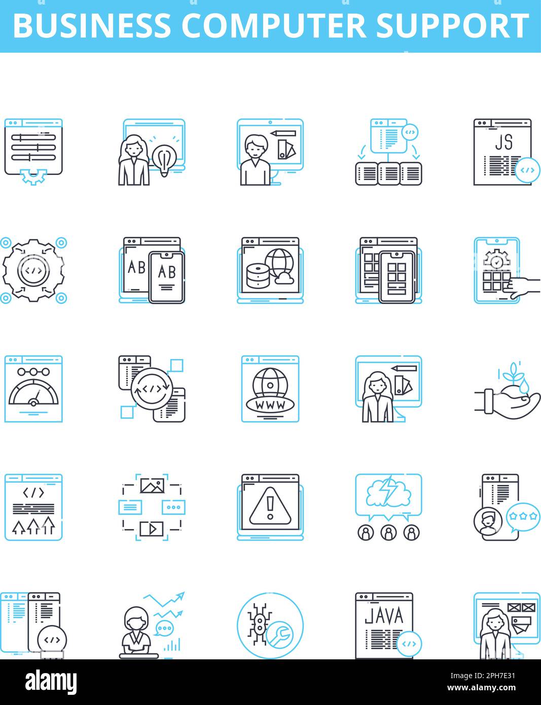 Vektorliniensymbole für Business-Computer werden eingestellt. IT, Support, Business, Computer, Technik, Netzwerk, Beratung Darstellung der Konzeptsymbole Stock Vektor