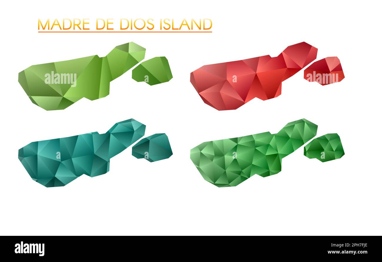 Reihe von polygonalen Vektorkarten der Insel Madre de Dios. Helle Farbverlaufskarte in flacher Poly-Optik. Stock Vektor