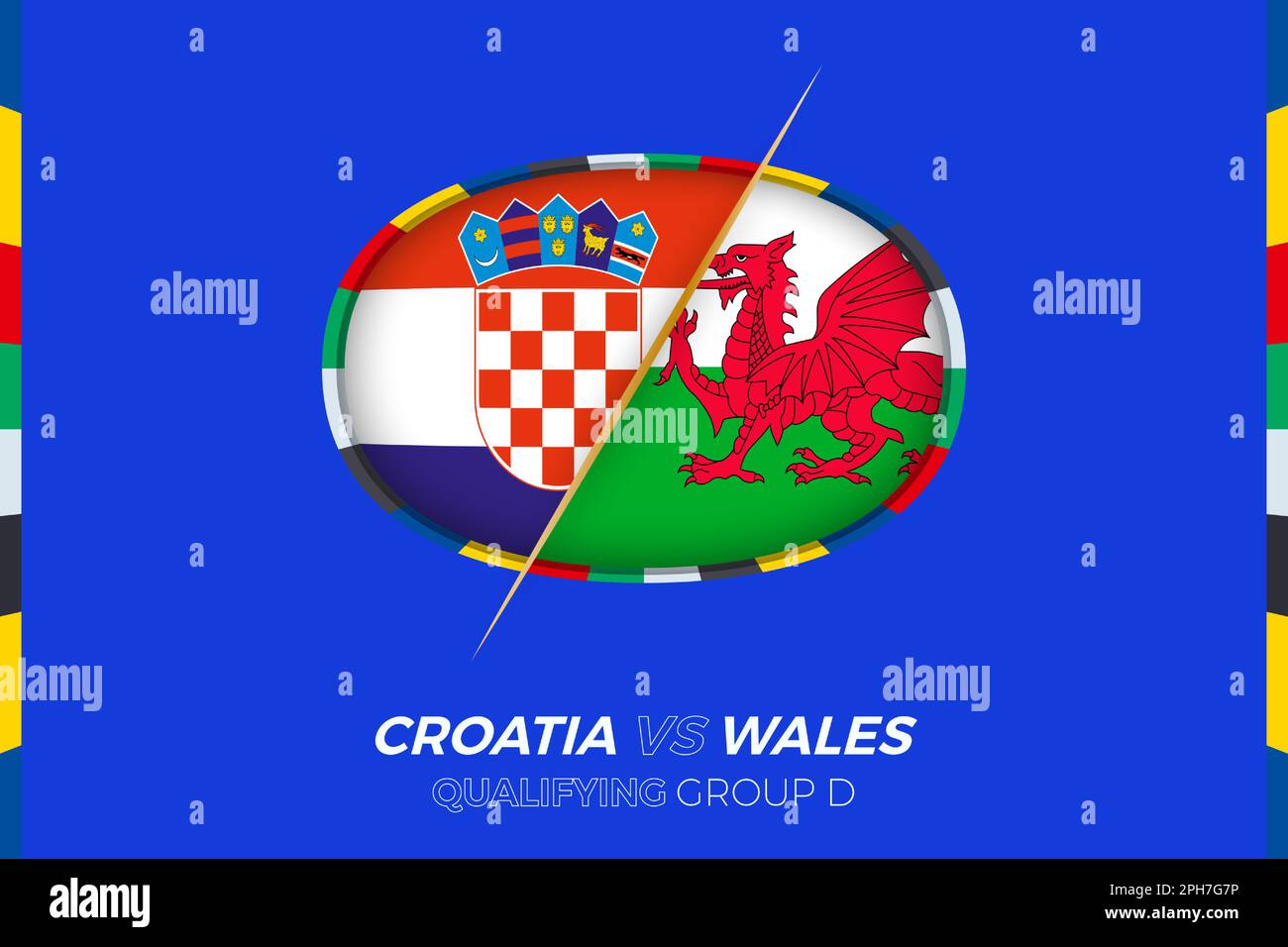 Kroatien gegen Wales Symbol für Qualifikation zum europäischen Fußballturnier, Gruppe D. Wettbewerbssymbol im stilisierten Hintergrund. Stock Vektor