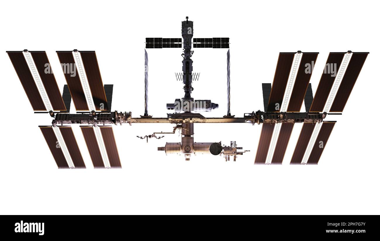 Internationale Raumstation Isoliert. 3D-Rendering. Elemente dieses Bildes, bereitgestellt von der NASA. Stockfoto