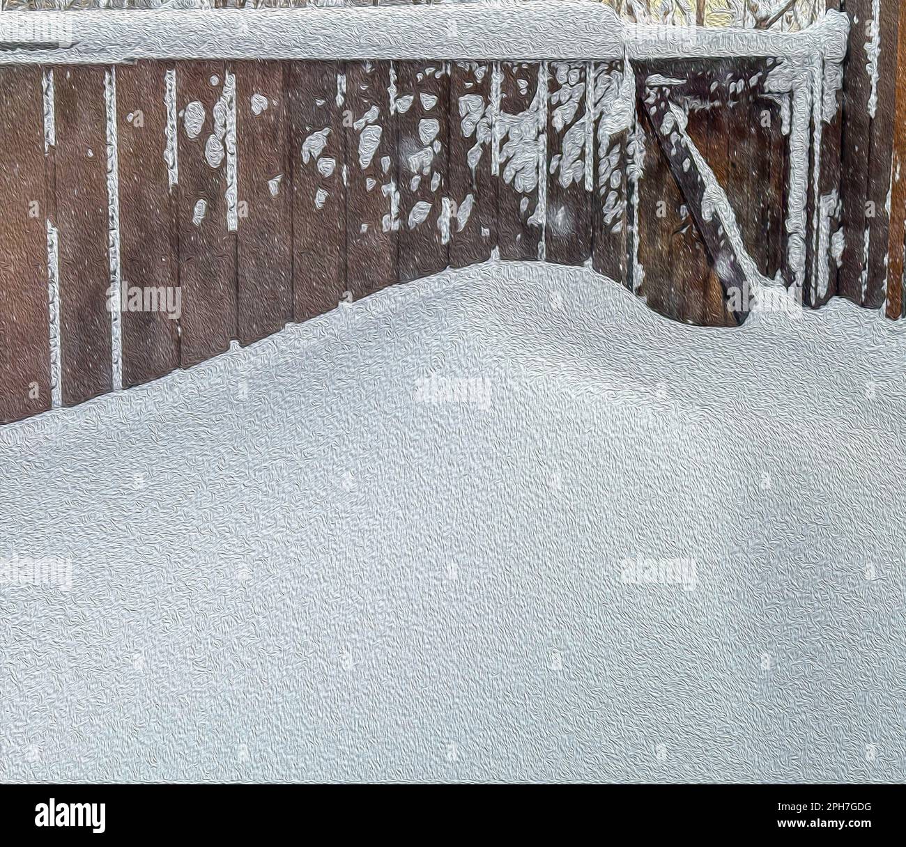 Landschaftsfoto von Schneewehen am Zaun und Tor mit Ölgemälde zeigt Schatten und Licht in Kurven. Zaun und Tor sind mit mehr frischem Schnee bedeckt. Stockfoto