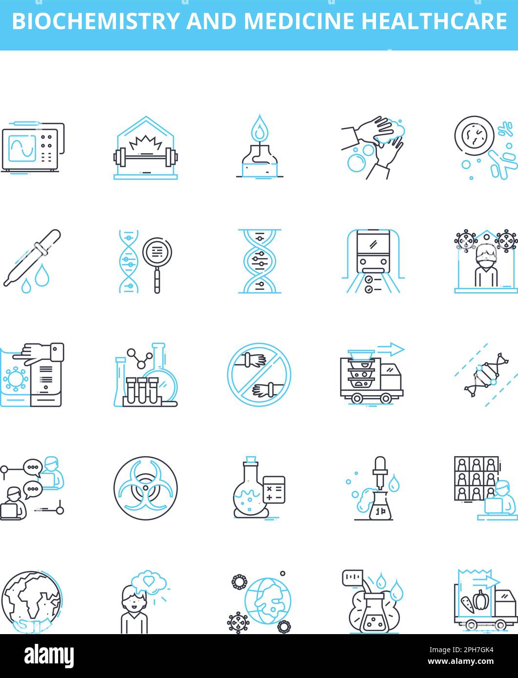 Biochemie und Medizin Gesundheitswesen Vektorlinien-Symbole gesetzt. Biochemie, Stoffwechsel, Enzyme, Hormone, Proteine, Gene, DNA-Illustrationszeichnung Stock Vektor