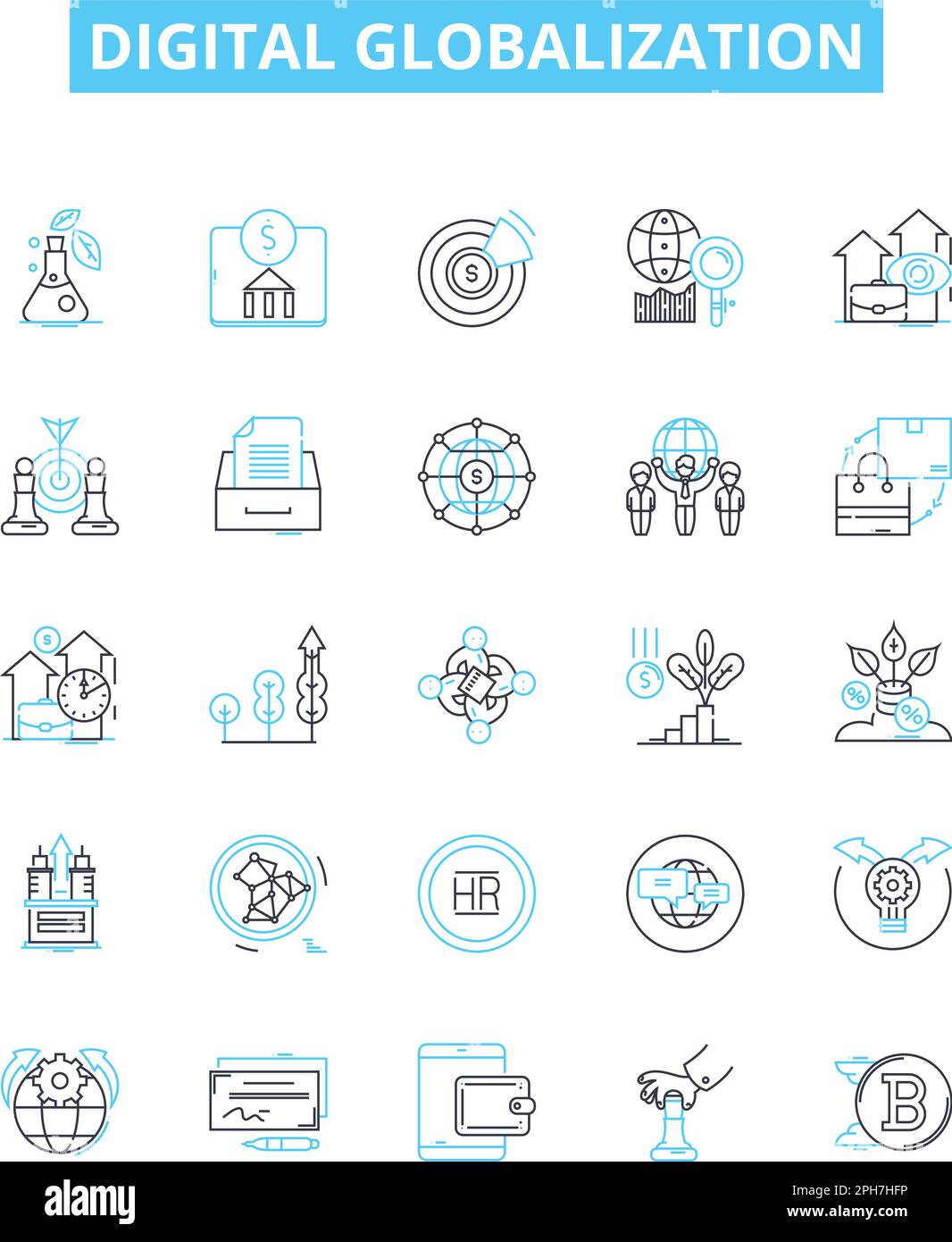 Liniensymbole für digitale Globalisierungsvektoren festgelegt. Digital, Globalisierung, Technologie, Konnektivität, Netzwerke, Veranschaulichung der Vernetzung und Mobilität Stock Vektor