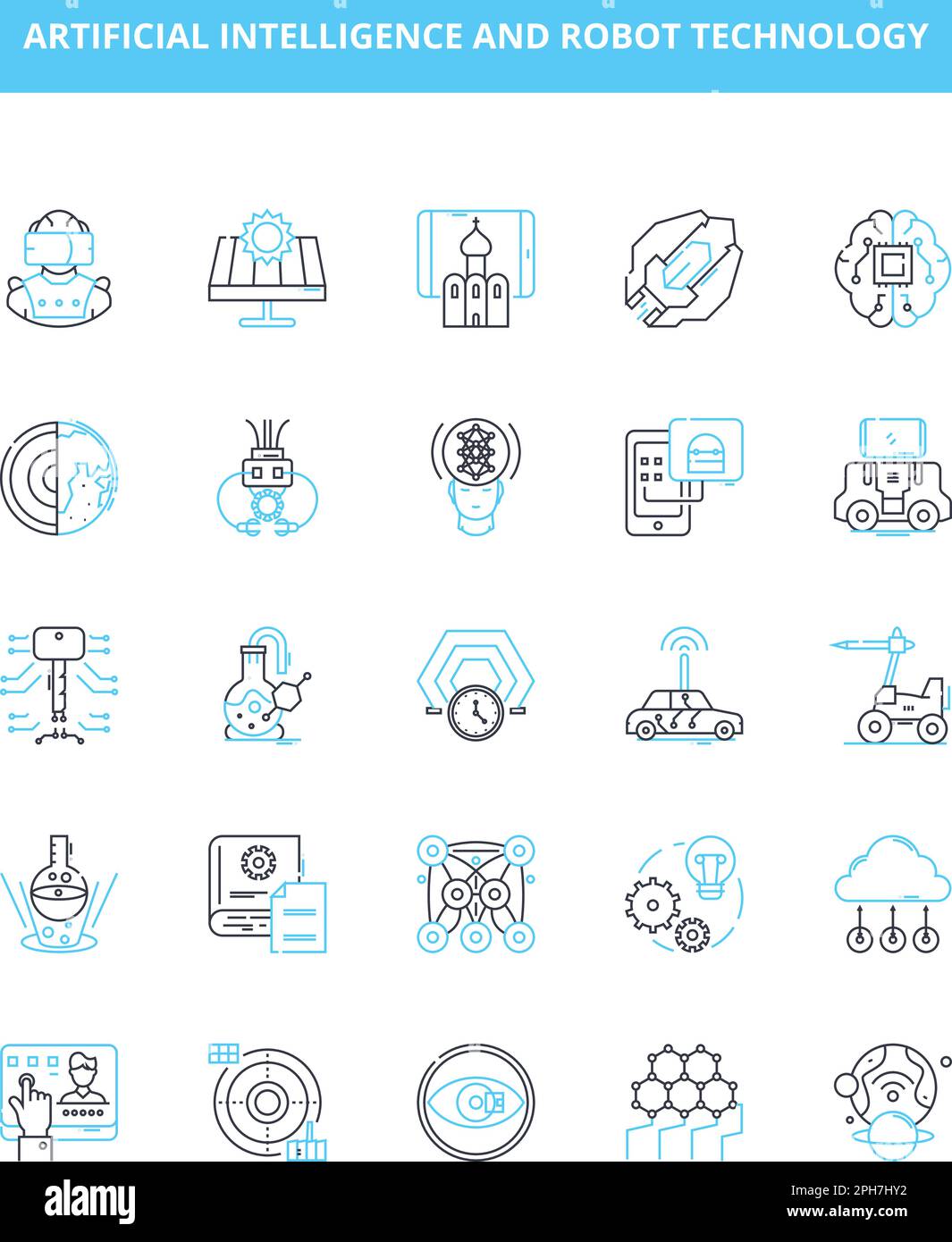 Vektorlinien-Symbole für künstliche Intelligenz und Robotertechnologie gesetzt. KI, Roboter, Technologie, Automatisierung, maschinelles Lernen, Neuronale Netzwerke, Natürlich Stock Vektor