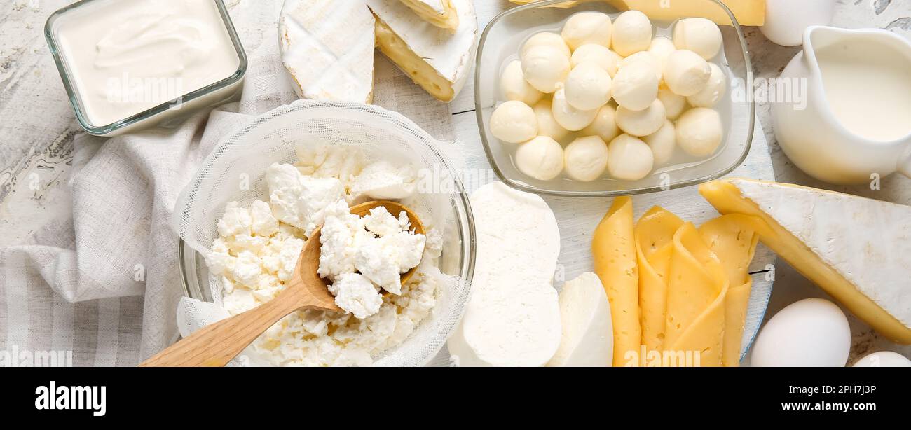 Verschiedene frische Milchprodukte auf hellem Hintergrund Stockfoto