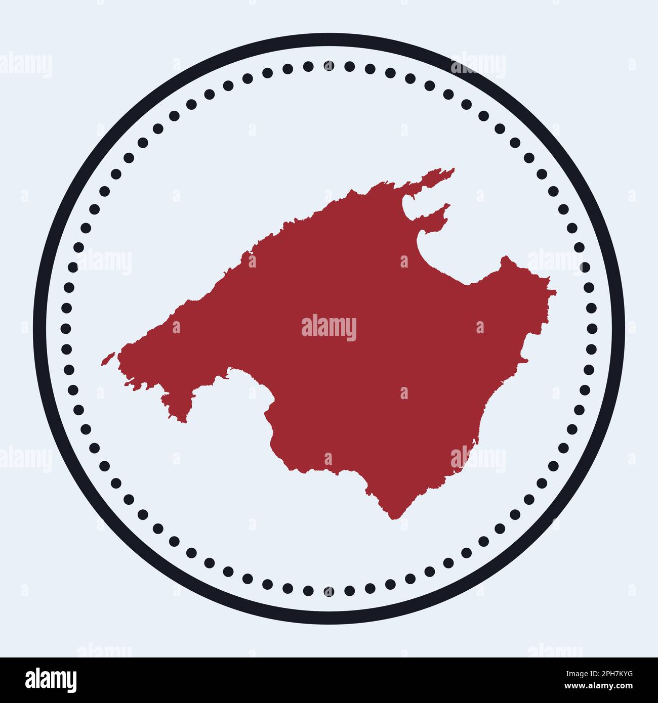 Runder Stempel auf Mallorca. Rundes Logo mit Inselkarte und Titel. Stilvolles Minimal Mallorca-Abzeichen mit Karte. Vektorabbildung. Stock Vektor