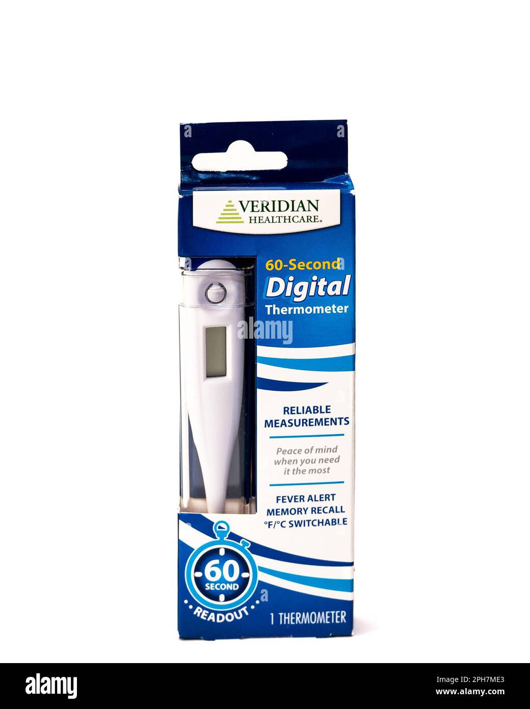 Ein Paket mit einem Veridian Healthcare 60 Sekunden Digitalthermometer mit einem auf weiß isolierten Fieberalarm Stockfoto
