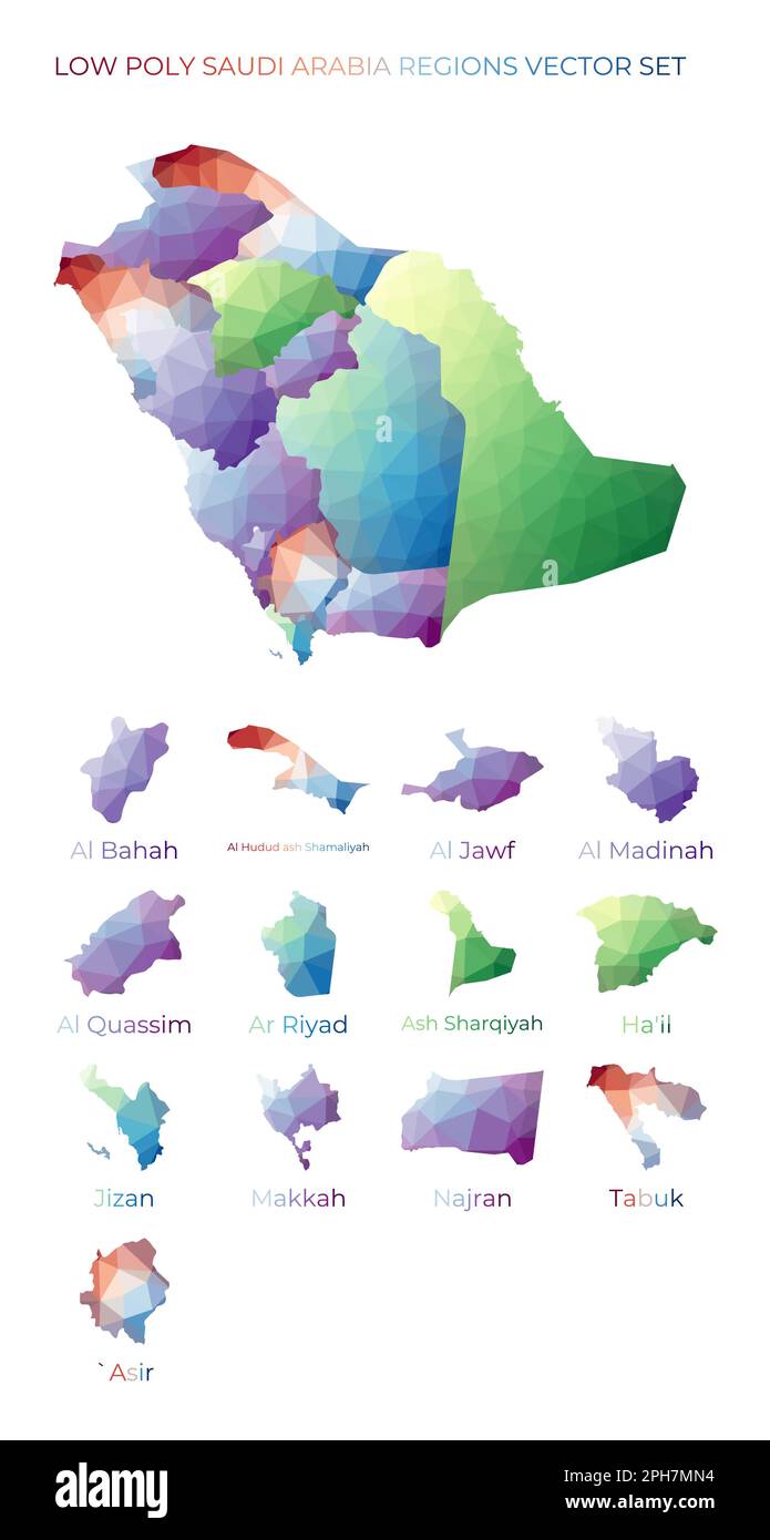 Saudi-arabische Regionen mit niedrigem Poly-Anteil. Polygonale Karte Saudi-Arabiens mit Regionen. Geometrische Karten für Ihr Design. Bezaubernde Vektor-Illustration. Stock Vektor