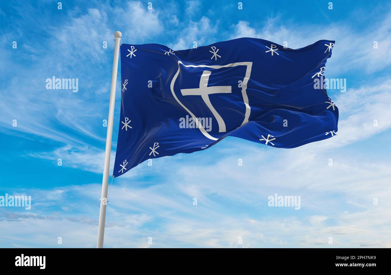 Die Flagge des Neuen christlichen Europas winkt im Wind am bewölkten Himmel. Liebe den heiligen Geist Glauben, die Menschen hoffen auf ostern, Religionskonzept. Speicherplatz kopieren. 3D Illustration Stockfoto