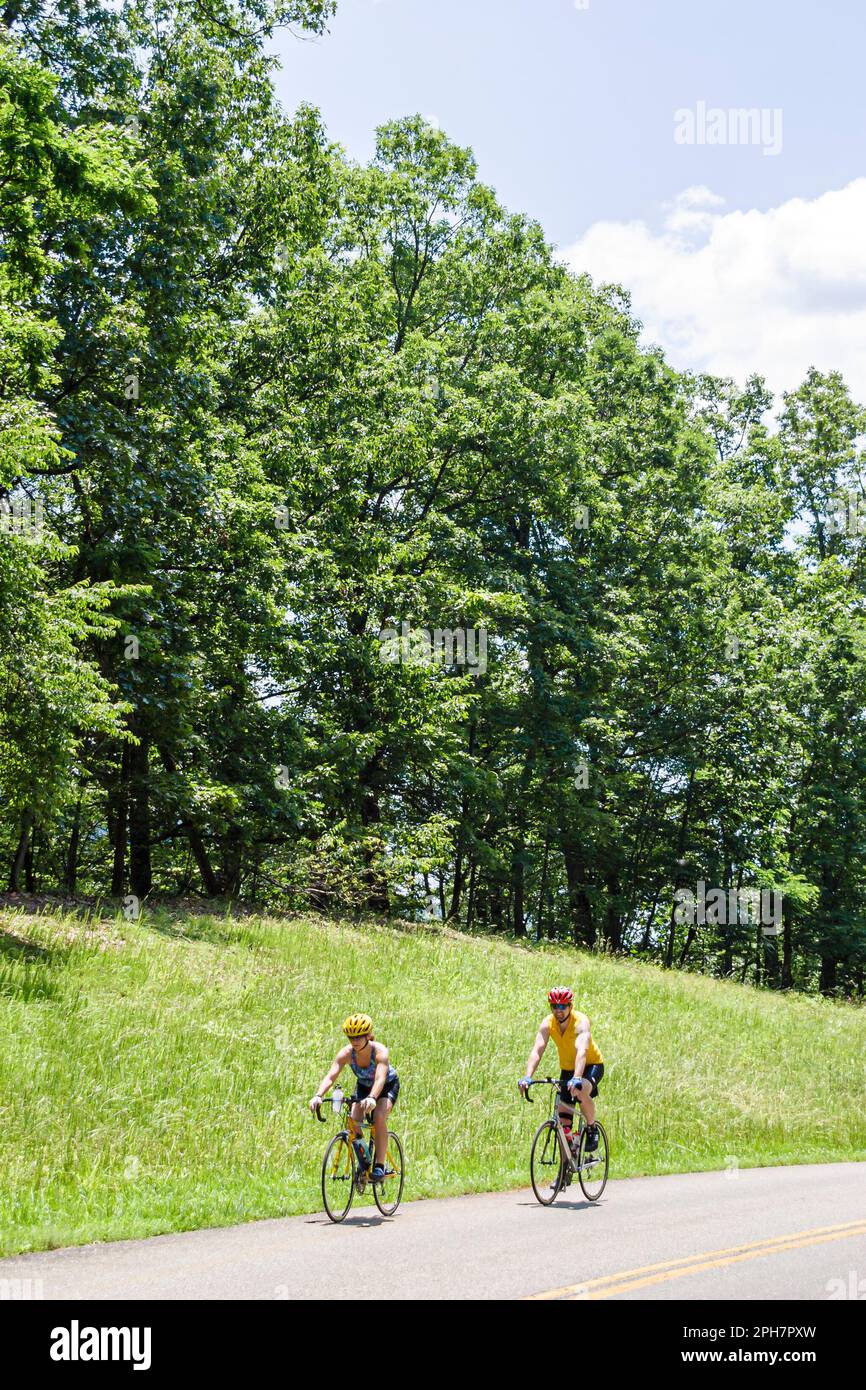 Virginia Appalachian Mountains Southern Appalachia Roanoke Blue Ridge Parkway, Motorradfahrer Fahrrad Fahrräder Radfahren Reiten Reiter, Stockfoto