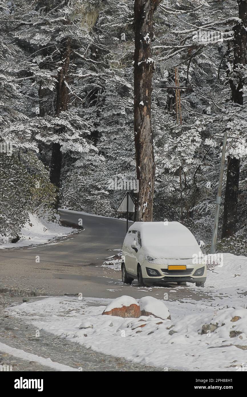 Yumthang, Sikkim, Indien - 17. November 2022: Wunderschöne schneebedeckte himalaya-Bergstraße im Norden von sikkim Stockfoto