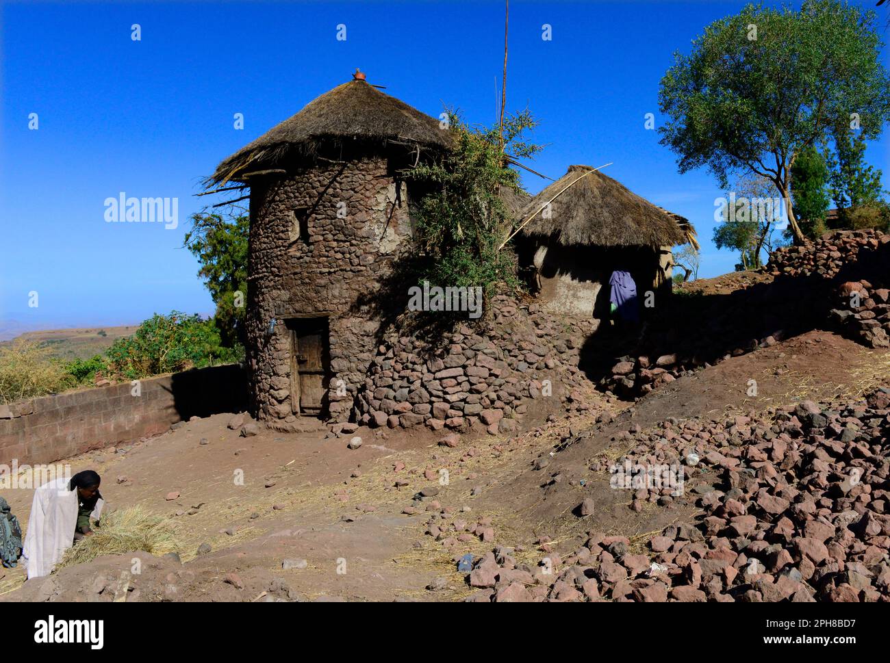 Traditionelle äthiopische Hütten in den Dörfern um Lalibela, Äthiopien. Stockfoto