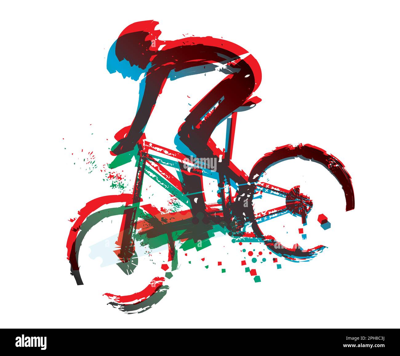 Mountainbiker auf Vollgas, Rennfahrer. Ausdrucksstarke, stilisierte, farbenfrohe Darstellung eines Mountainbike-Radfahrers. Vektor verfügbar. Stock Vektor