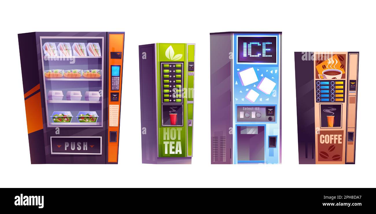 Cartoon-Verkaufsautomaten isoliert auf weißem Hintergrund. Vektordarstellung von Einzelhandelsgeräten, die frische Snacks, Salate, Sandwiches, Tee, Kaffee, Eiswasser im Einkaufszentrum oder in der Schule Stock Vektor