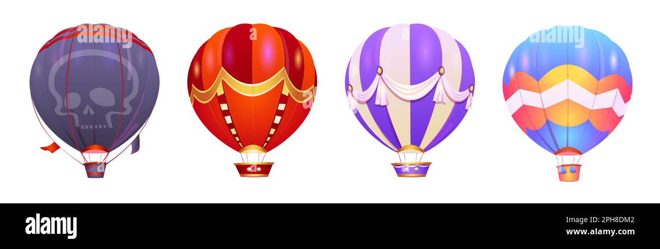 Isolierter Heißluftballon mit Korbvektorsymbol auf weißem Hintergrund. Cartoon-Piraten-Aerostat mit Schädel-Illustration. Bild der blauen und roten Hot-Air-Baloon-Kollektion. Flugzeuge Spielausrüstung. Stock Vektor