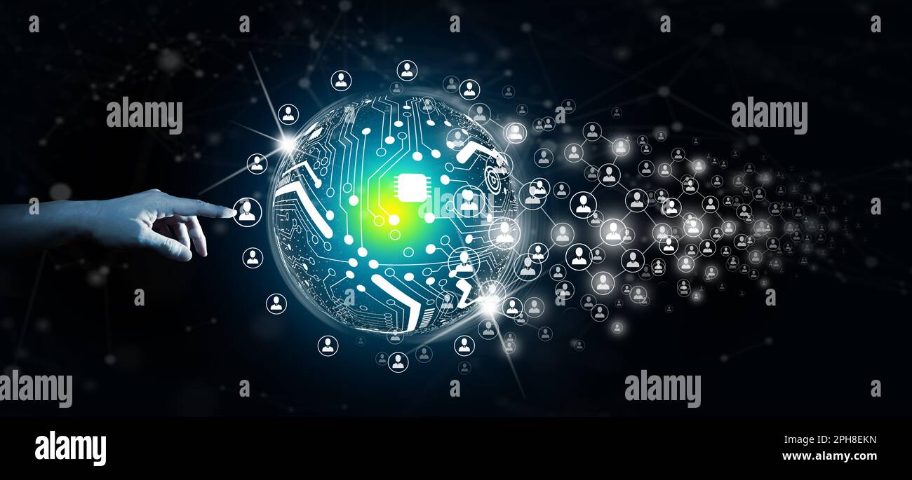 Hand führende globale Netzwerkverbindung und Datenaustausch mit abstraktem Hintergrund. Kommunikationstechnologie für Internet-Business und soziale Netzwerke. Stockfoto