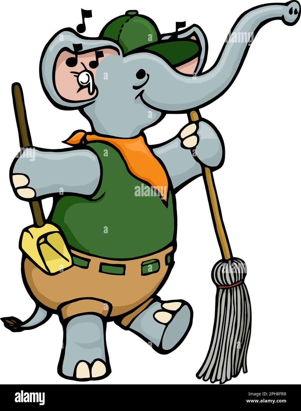 Cartoon-Elefanten-Zoowärter, der den Zoo durchkämmt Stock Vektor